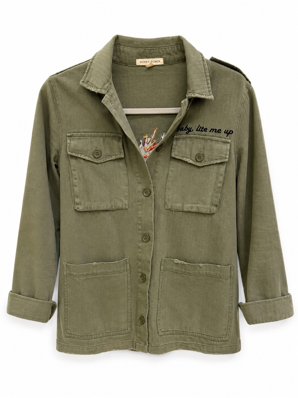 Honey Punch Olive Dragon Embroidered Utility Jacket XS Boho Military Y2K Streetw
